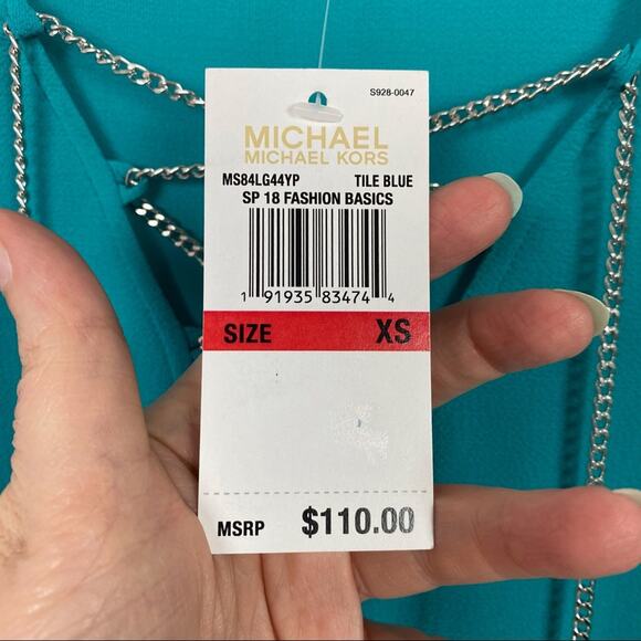 Michael Kors Tile Blue Bell Sleeve Chain Detail Blouse Sz.XS NWT - Picture 8 of 10